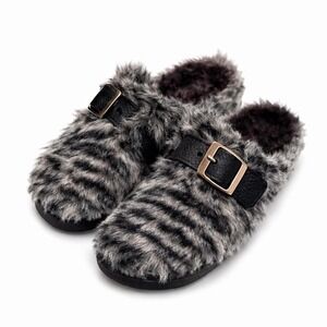 Grey faux fur slippers with buckle detail
